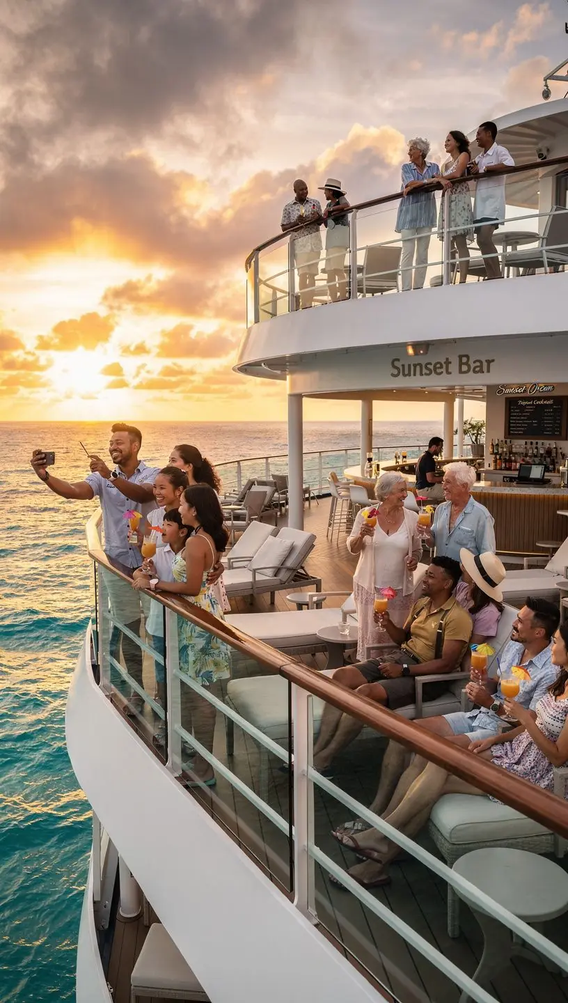 Rodzina relaksująca się na plaży w tropikalnym kurorcie, z palmami w tle i drinkami w rękach.